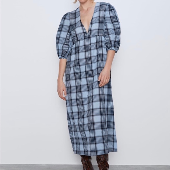 Blue Plaid Cotton Zara Dress Size M - Picture 1 of 6